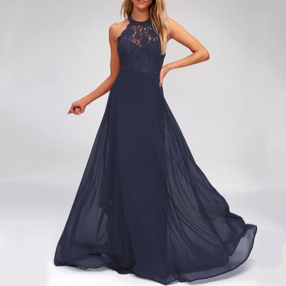 Lulu's Dance All Evening Navy Blue Lace Halter Dress Size XS